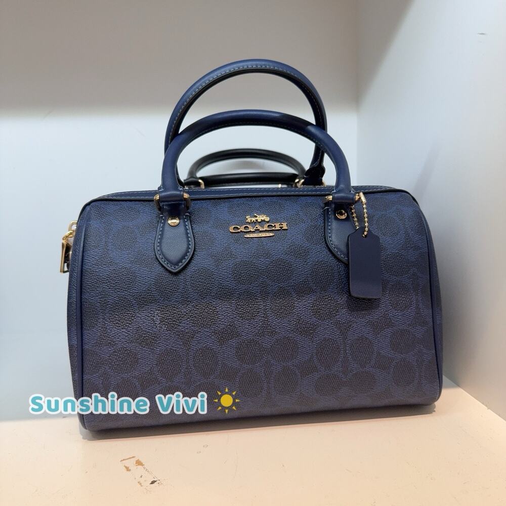 NWT Coach CV961 Rowan Satchel Bag In Signature Canvas Gold/Navy